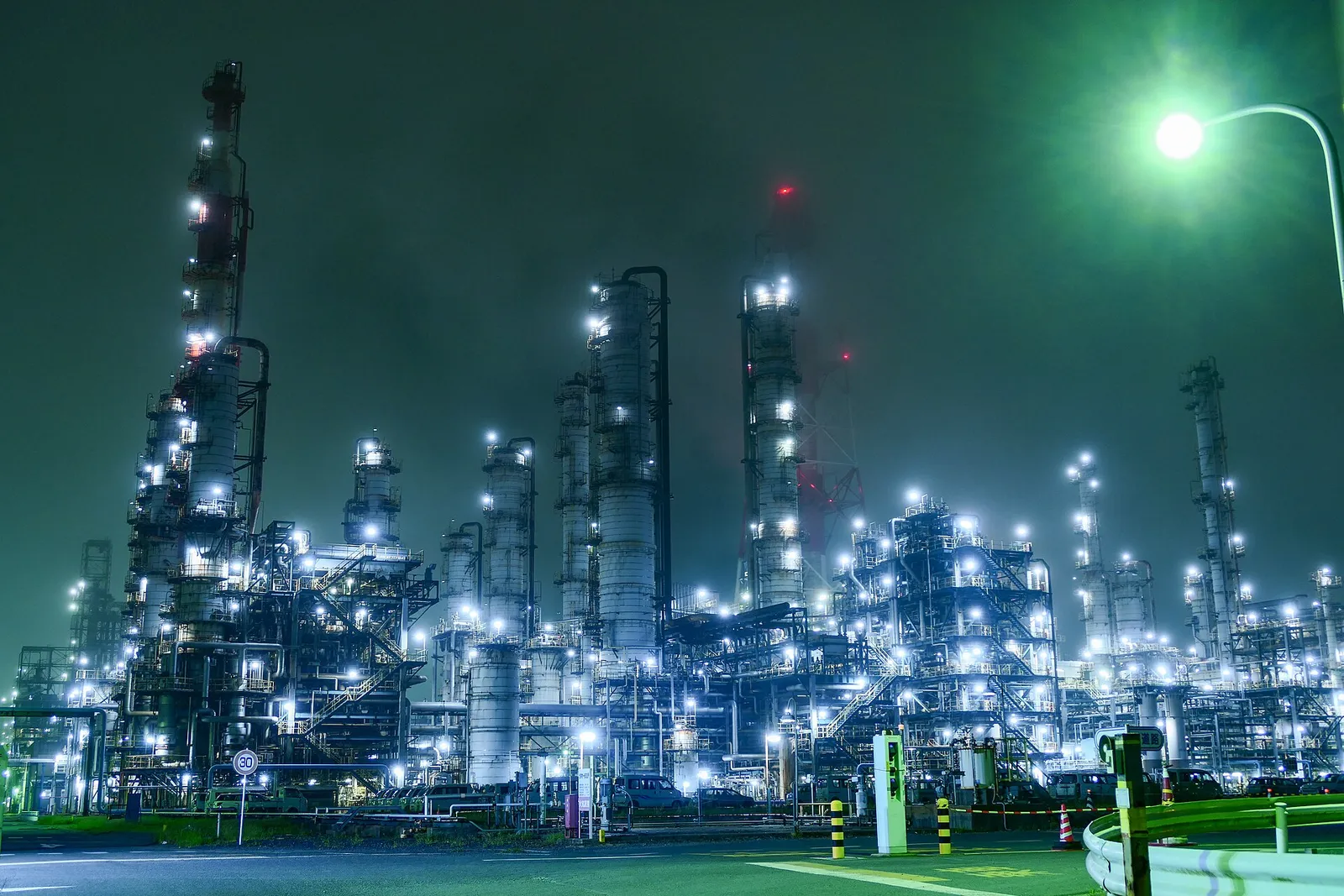 An oil refinery lit up at night