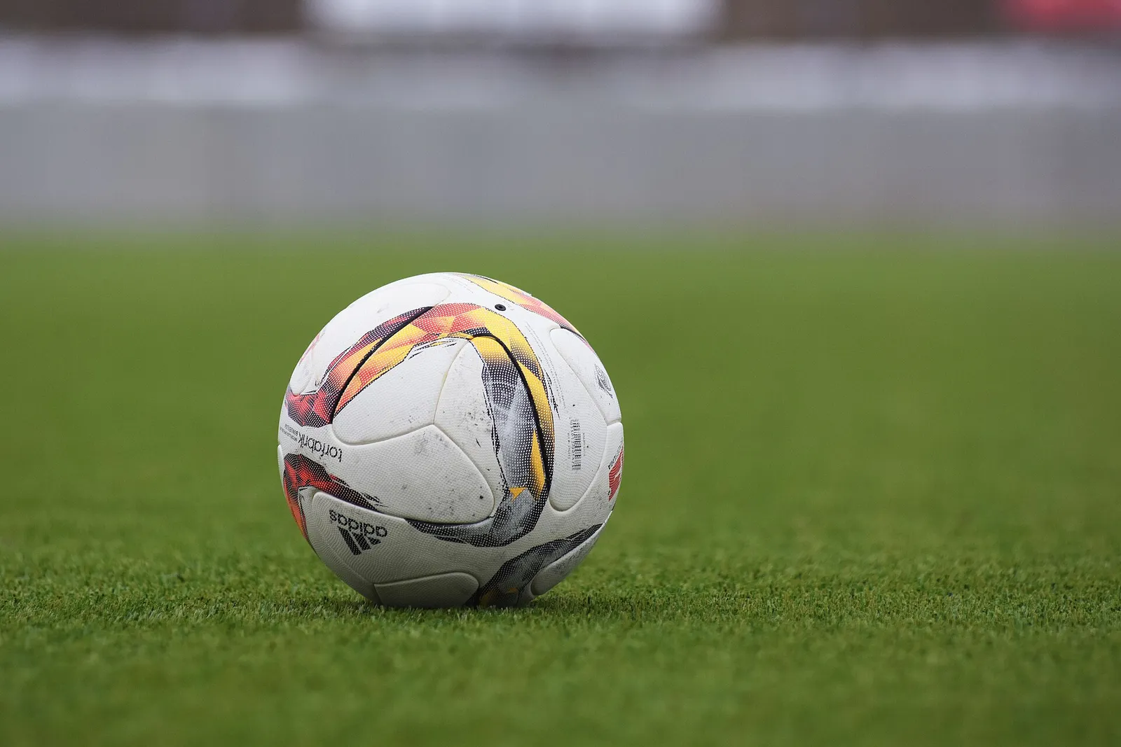 A soccer ball on a grass pitch