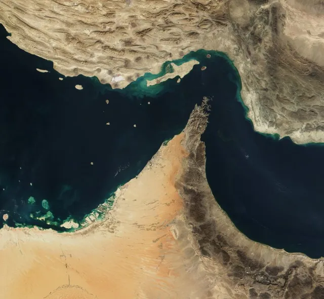 A satellite view of the Strait of Hormuz