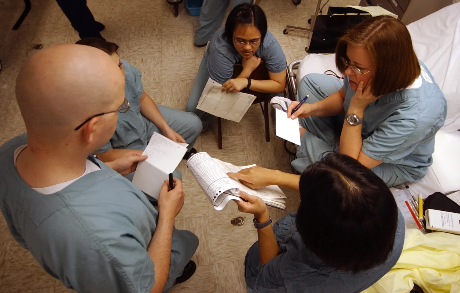 Medical staff on an intensive care unit night shift reviewing patient histories