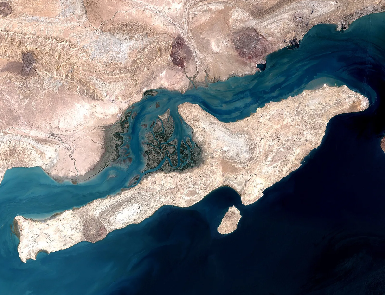 A satellite view of Qeshm Island in the Strait of Hormuz