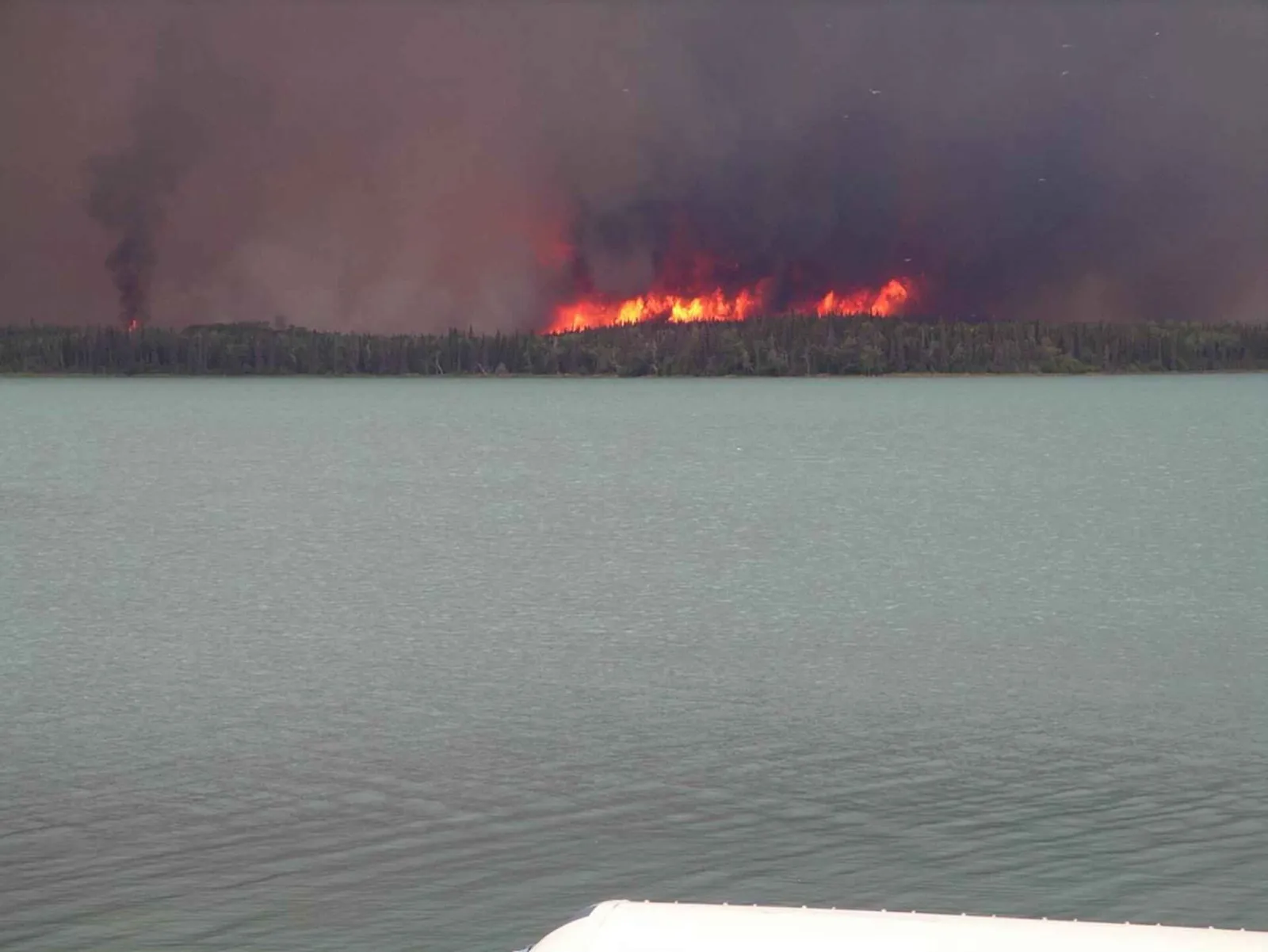 Smoke and flames rising from a forest wildfire (illustrative)