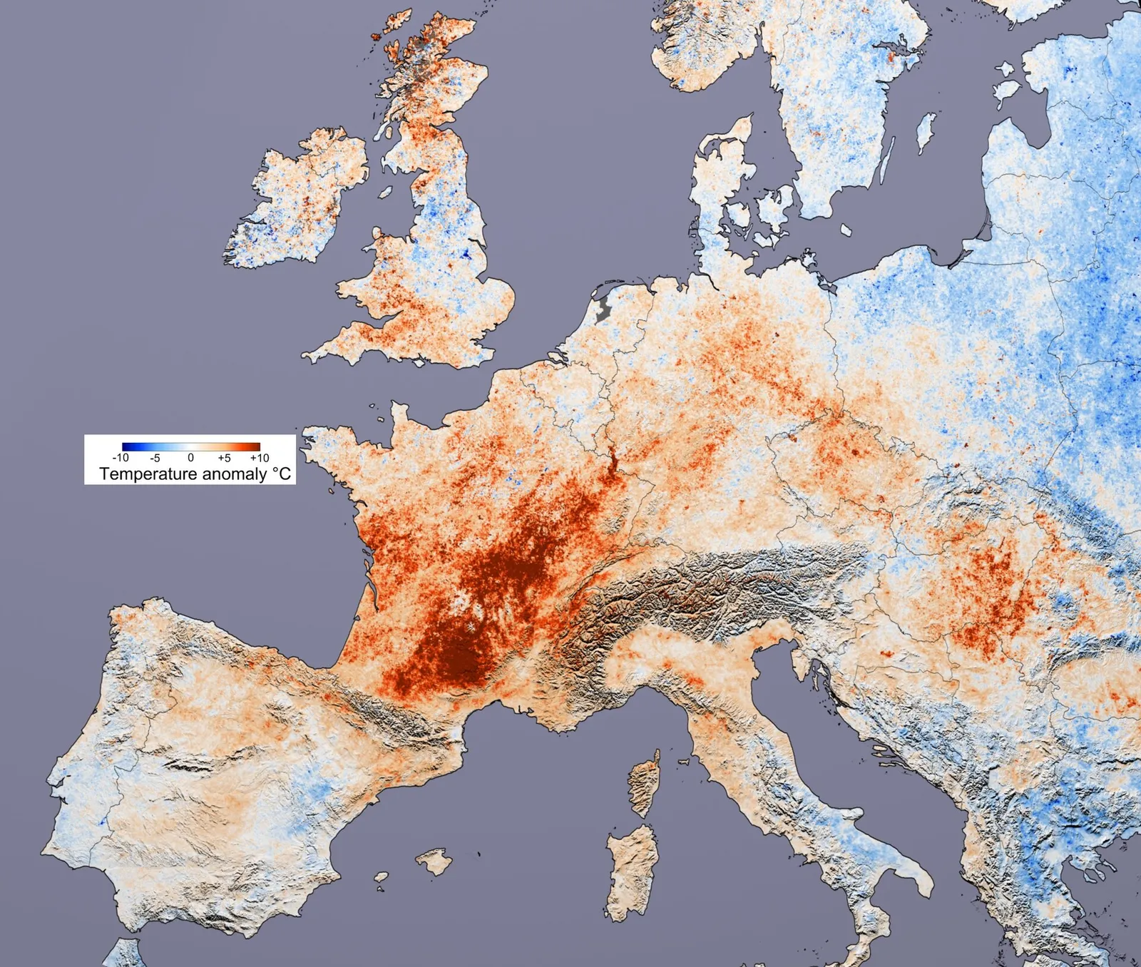 A satellite-derived map of land surface temperatures over Europe during a heatwave