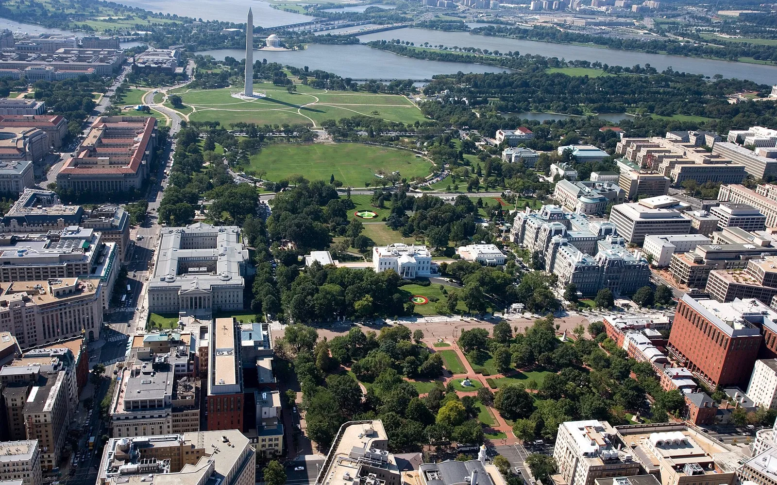 An aerial view of Lafayette Park and the White House in Washington