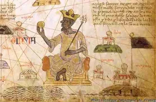 Mansa Musa depicted holding a gold nugget on the 1375 Catalan Atlas