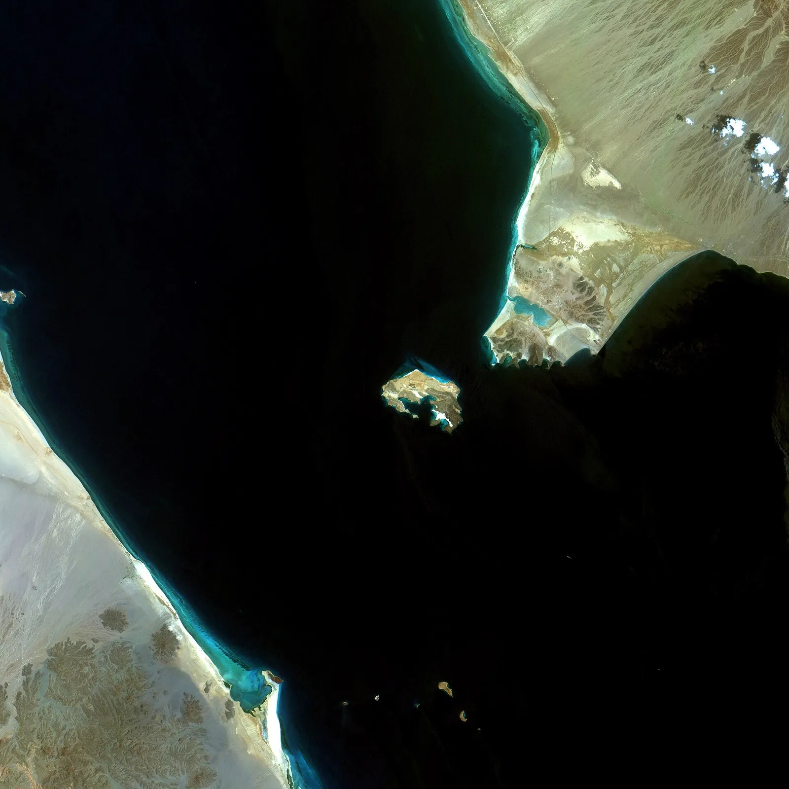 A satellite view of the Bab-el-Mandeb strait at the mouth of the Red Sea