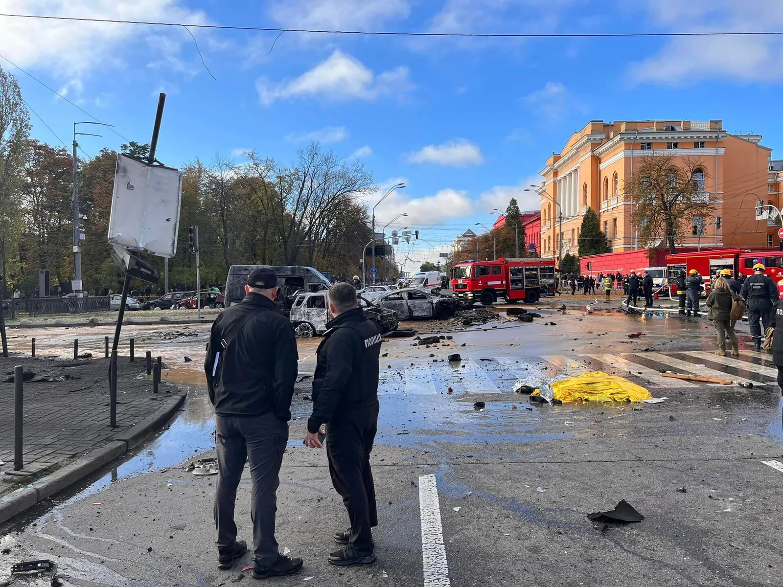 Emergency workers at a damaged building in Kyiv after a Russian strike (file image)