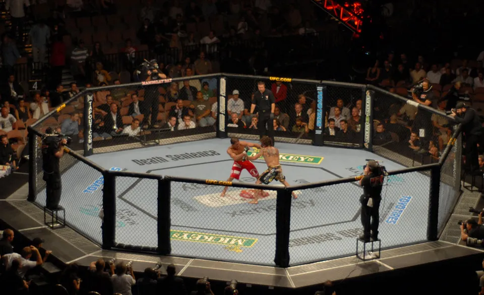 Two fighters in the cage during a UFC bout