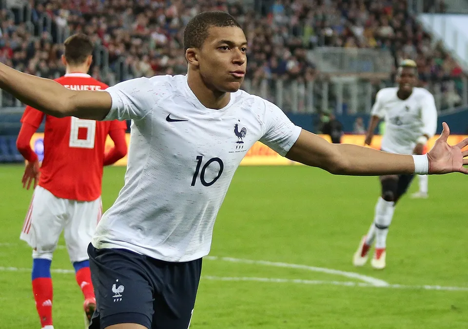 Kylian Mbappé celebrating a goal, photographed in 2018