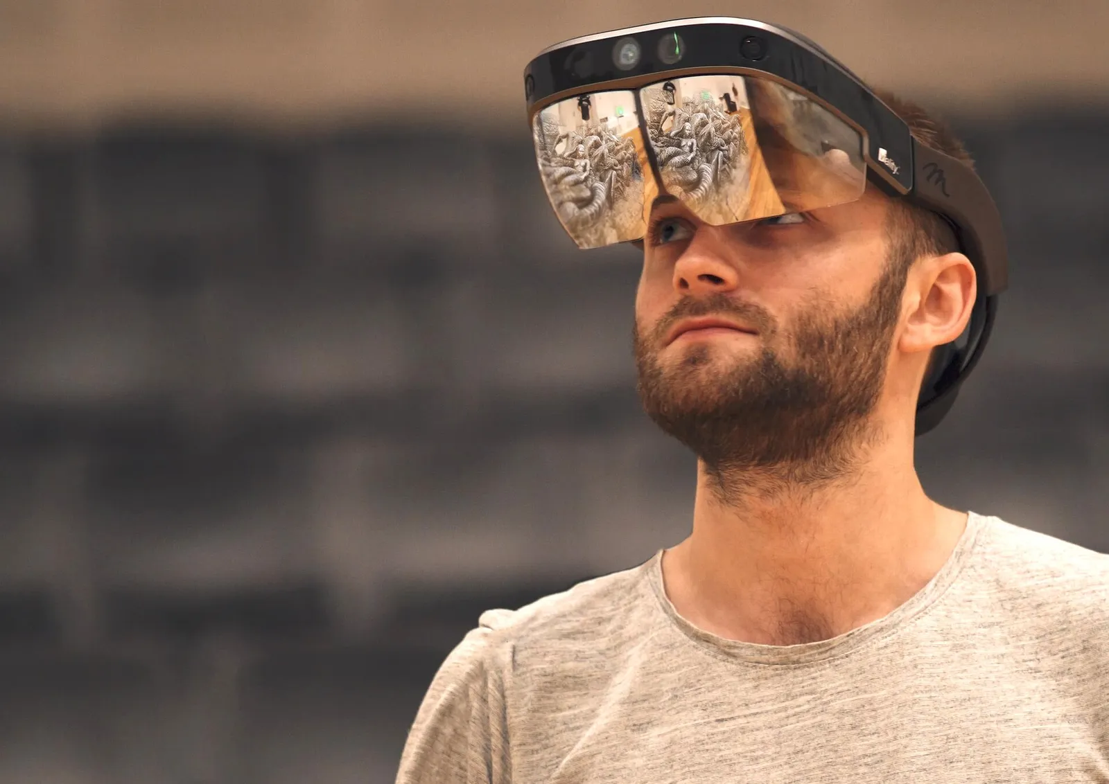 A person wearing augmented-reality display glasses (file image)