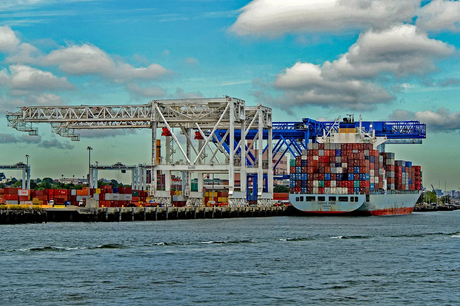 A container ship at a port terminal
