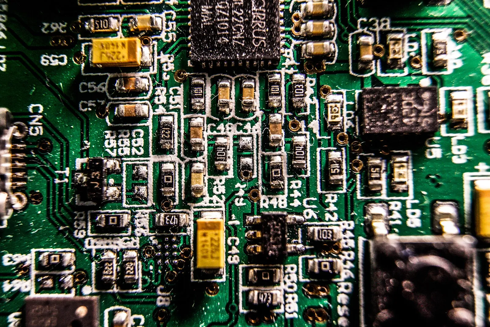 A close-up of a computer circuit board and chips