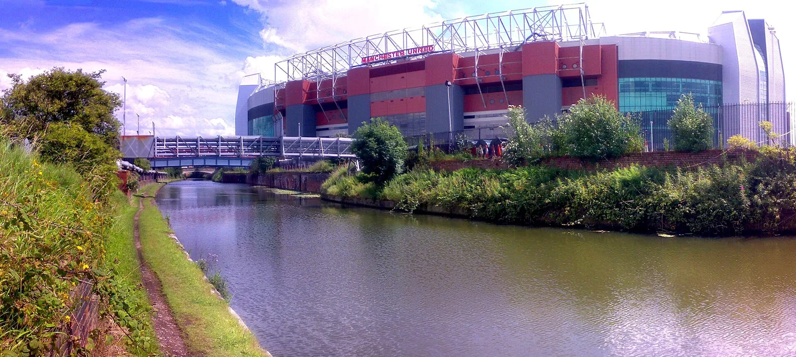 Old Trafford, Manchester United's stadium, seen across the Bridgewater Canal