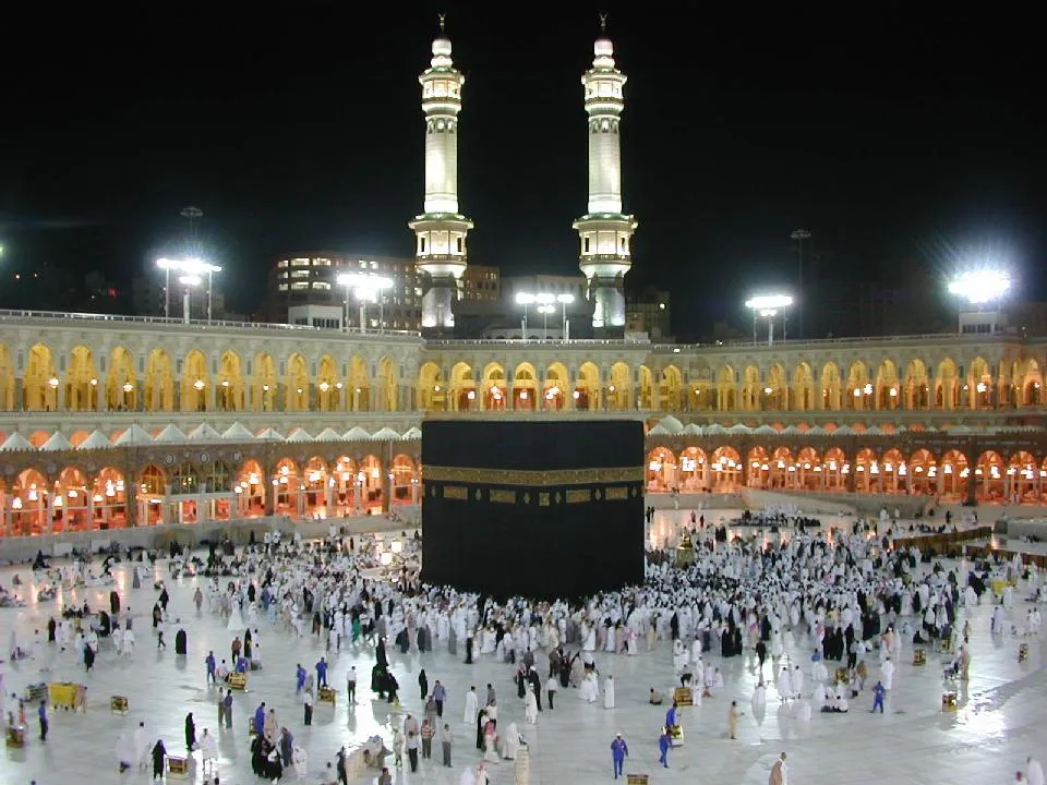 Pilgrims circle the Kaaba at the Masjid al-Haram in Mecca at night