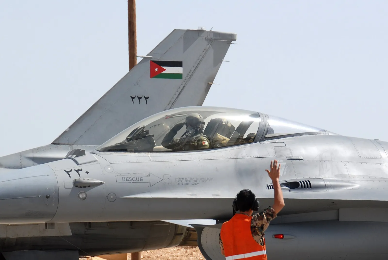 A Royal Jordanian Air Force F-16 on the flight line at the air base at Azraq, in eastern Jordan