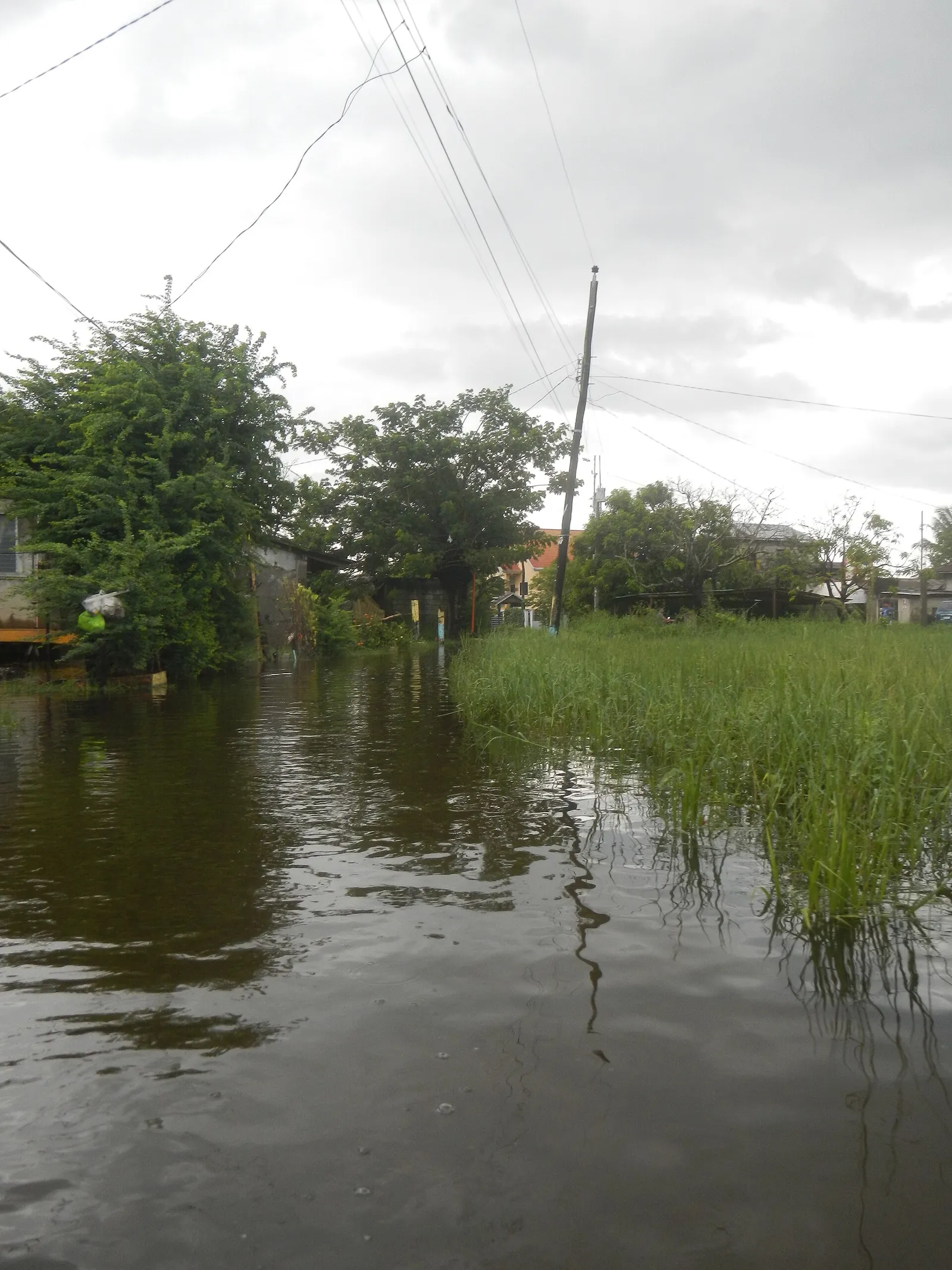 A street submerged by floodwaters during a typhoon