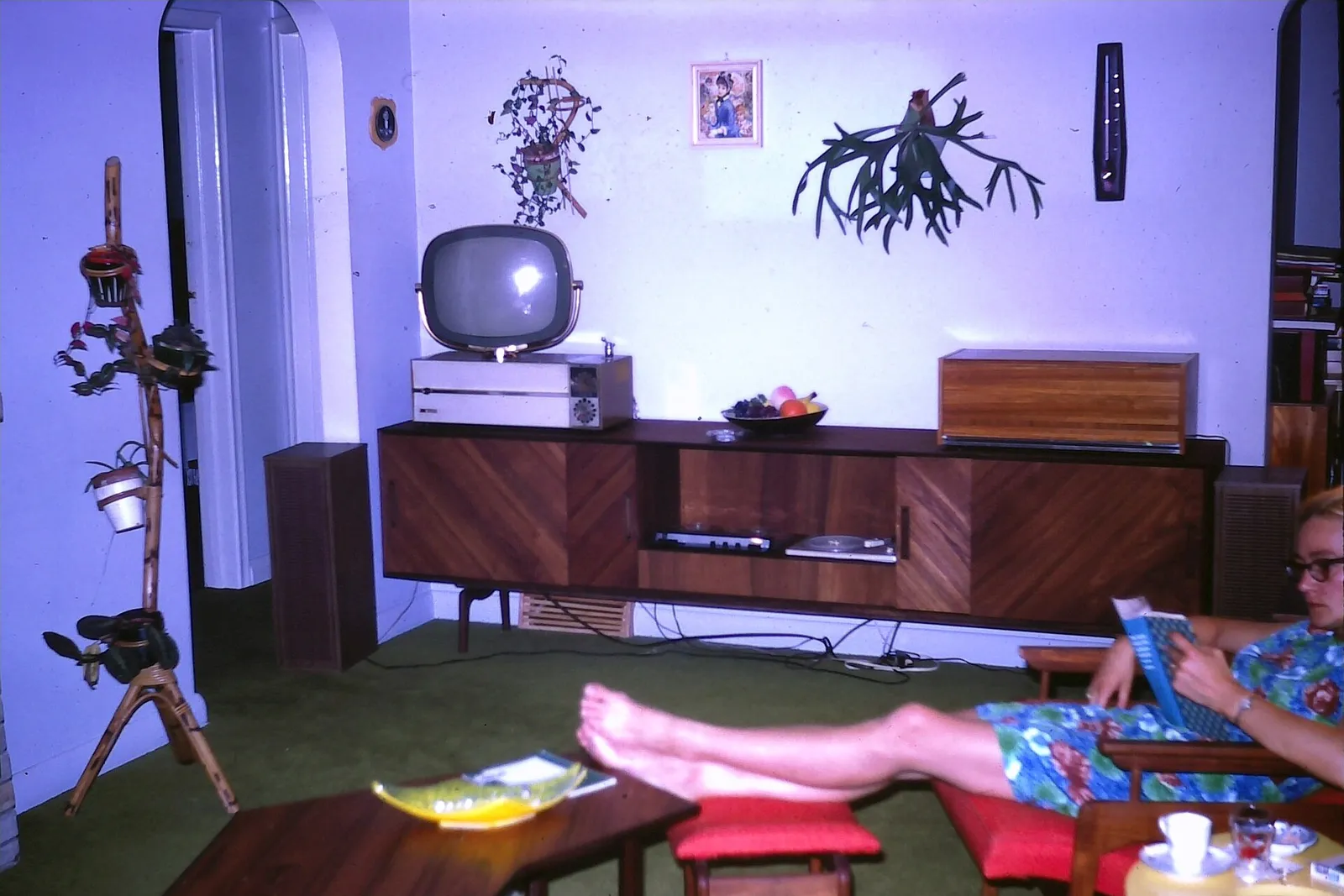A 1968 living room with a vintage television set