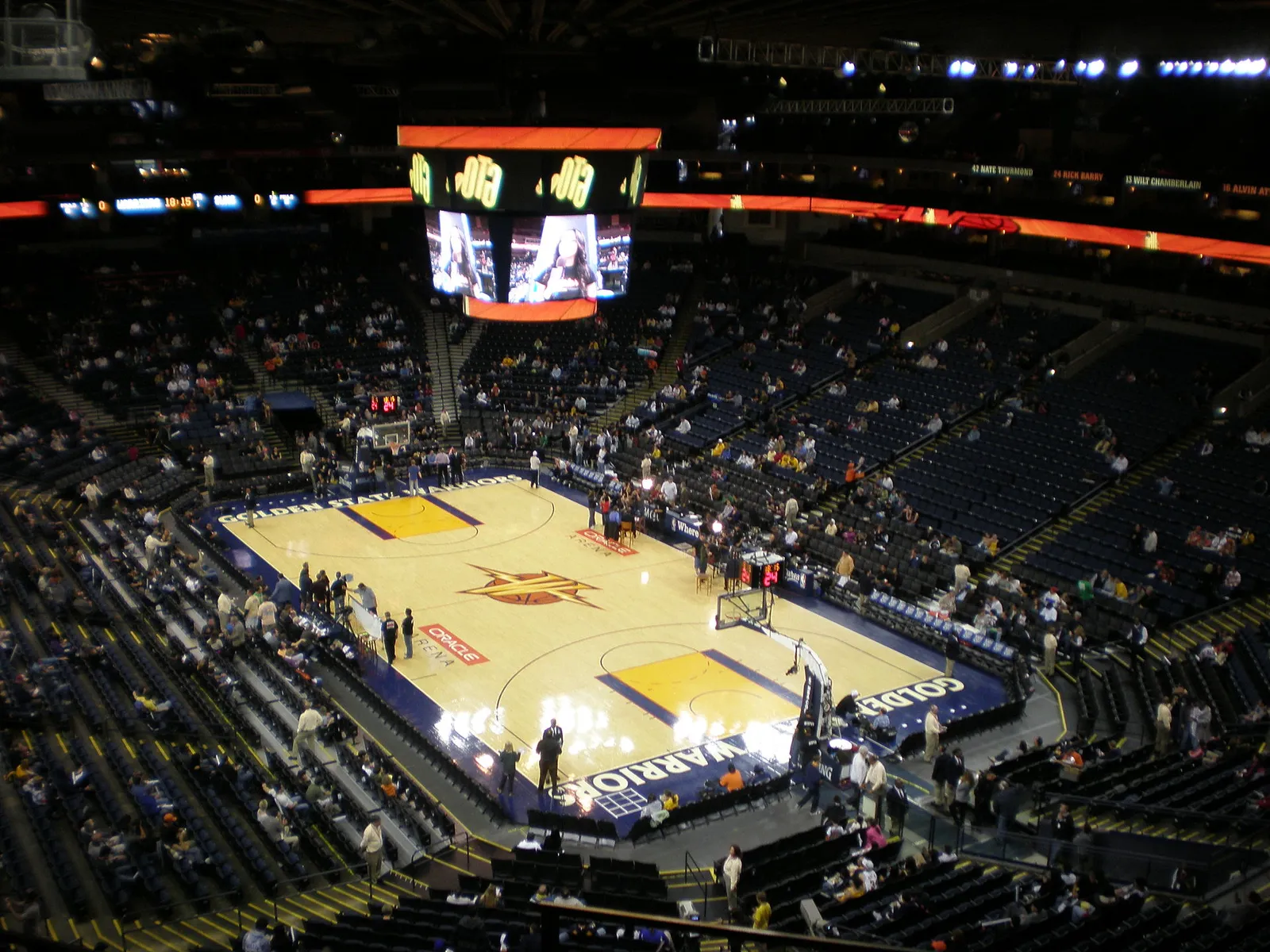 A basketball court in an indoor arena