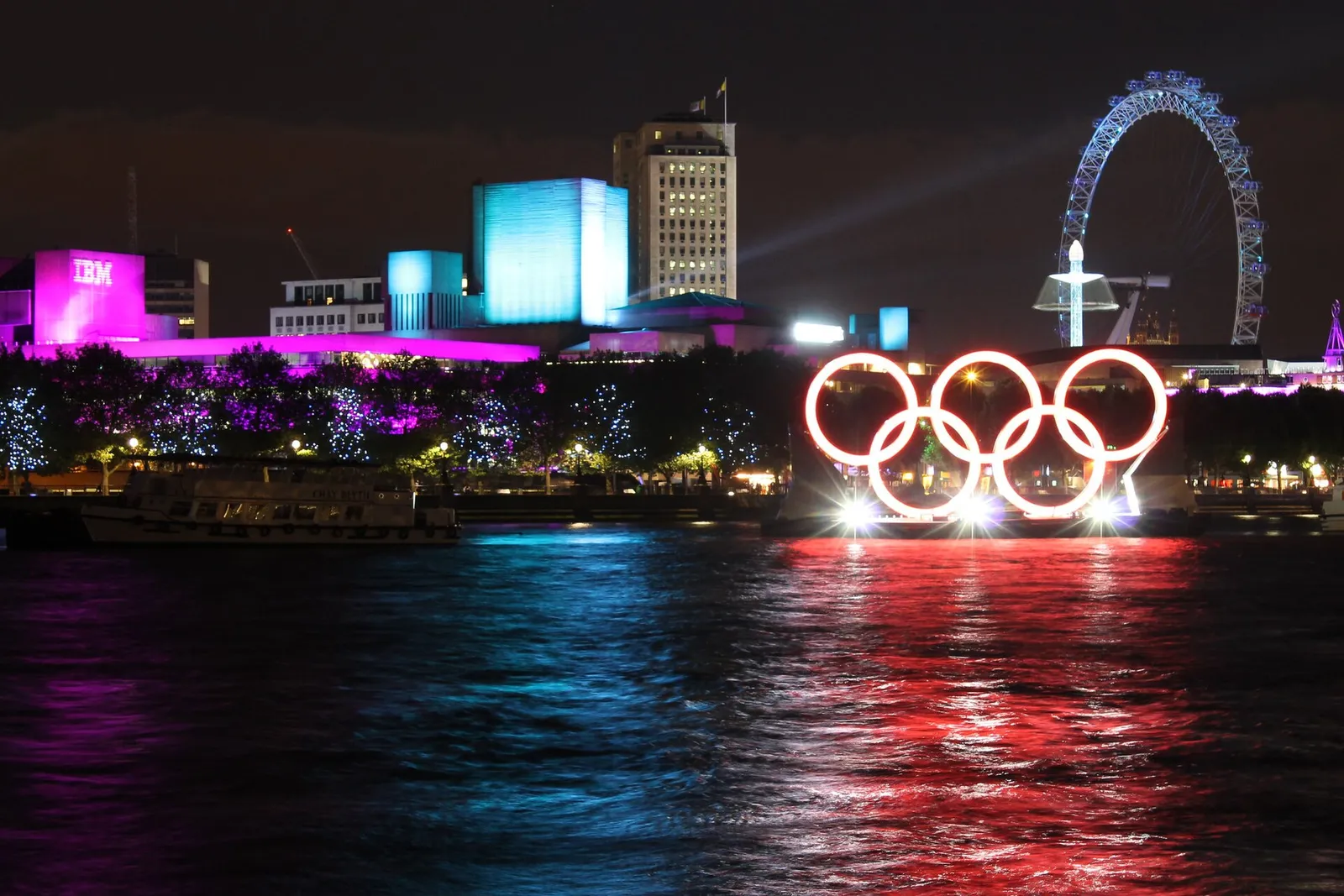 The Olympic rings displayed by the River Thames in London