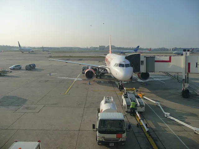 An aircraft at London Gatwick Airport's South Terminal