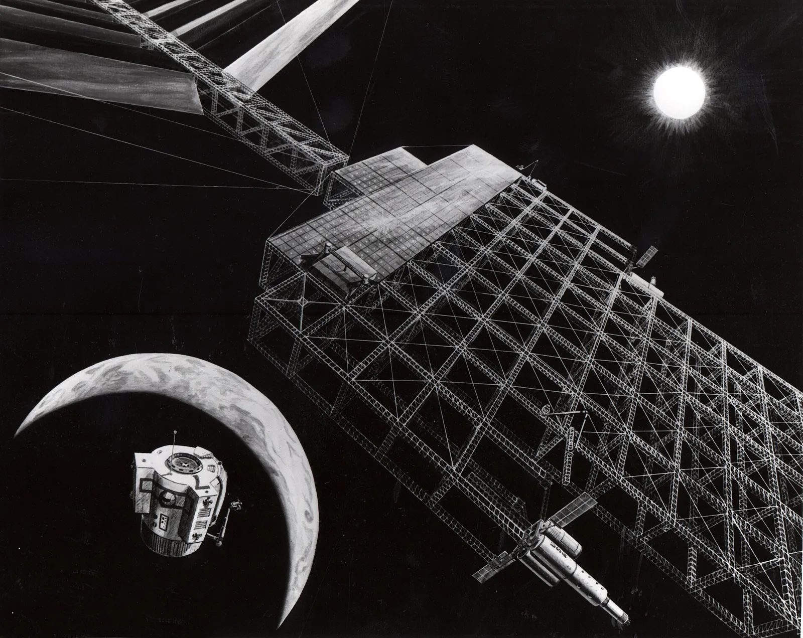 A NASA concept illustration of a large solar-power satellite in orbit