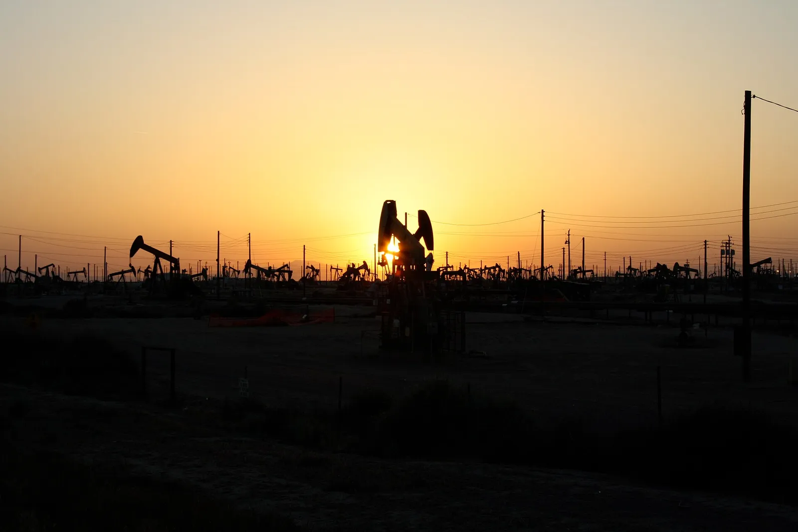 Oil pumpjacks at sunset (file photograph)