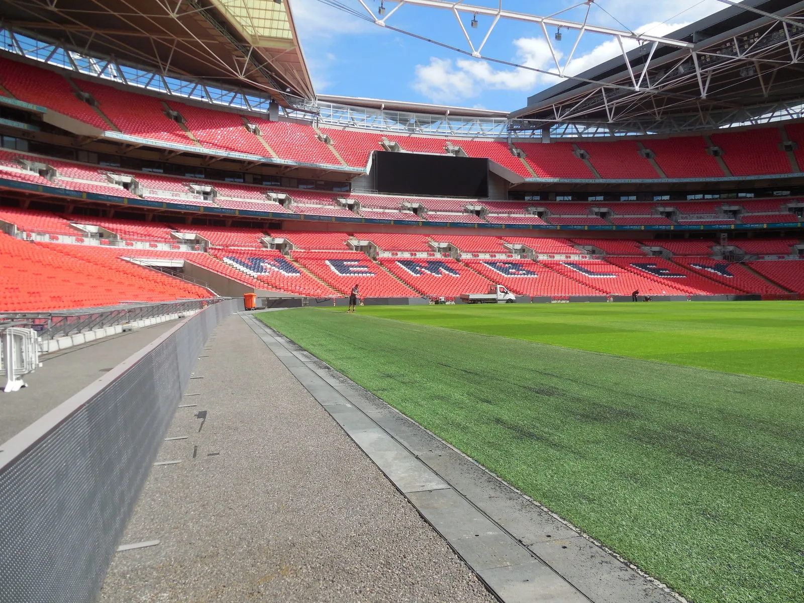 A football pitch inside a stadium