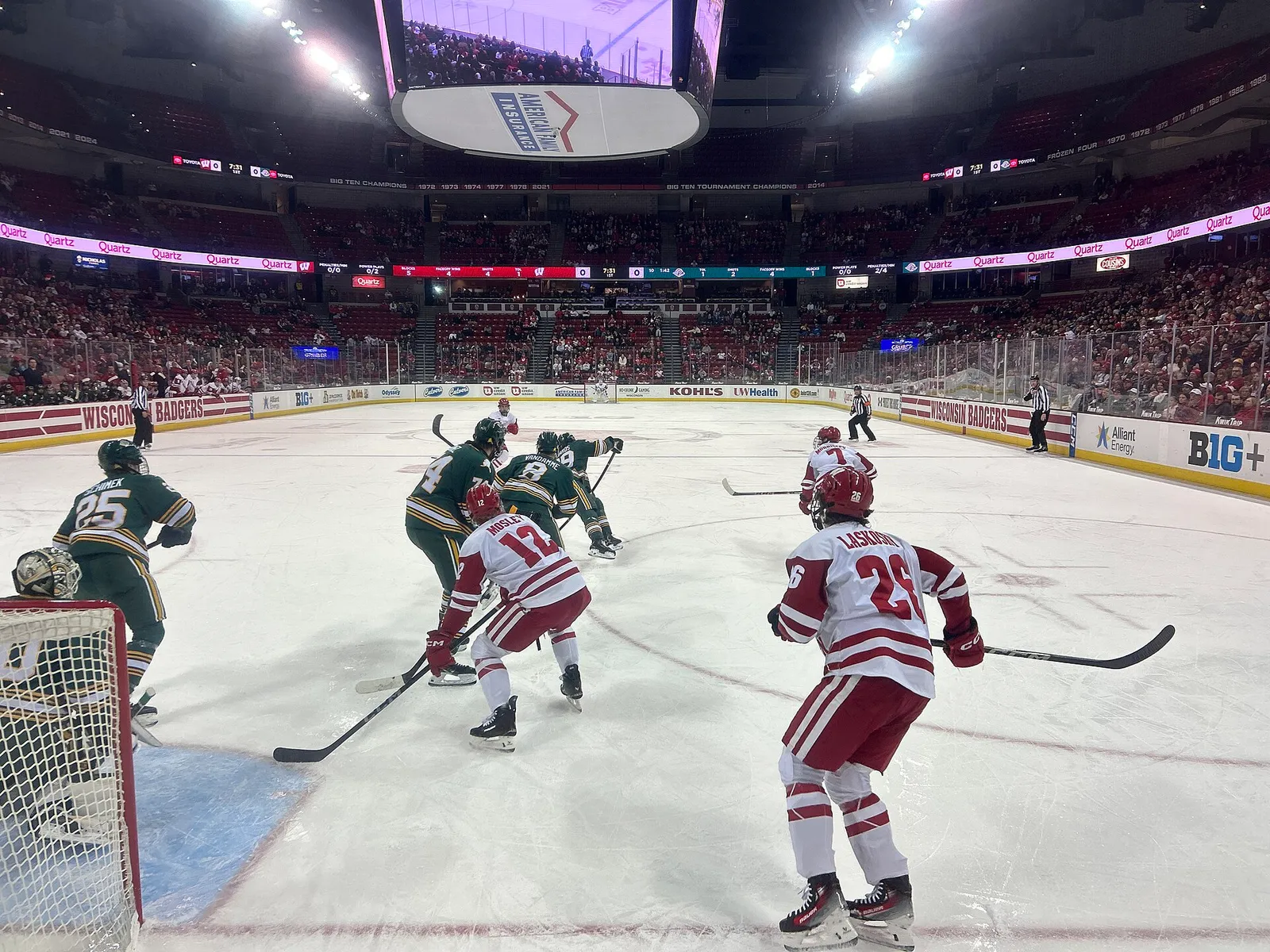 An ice hockey game in an arena