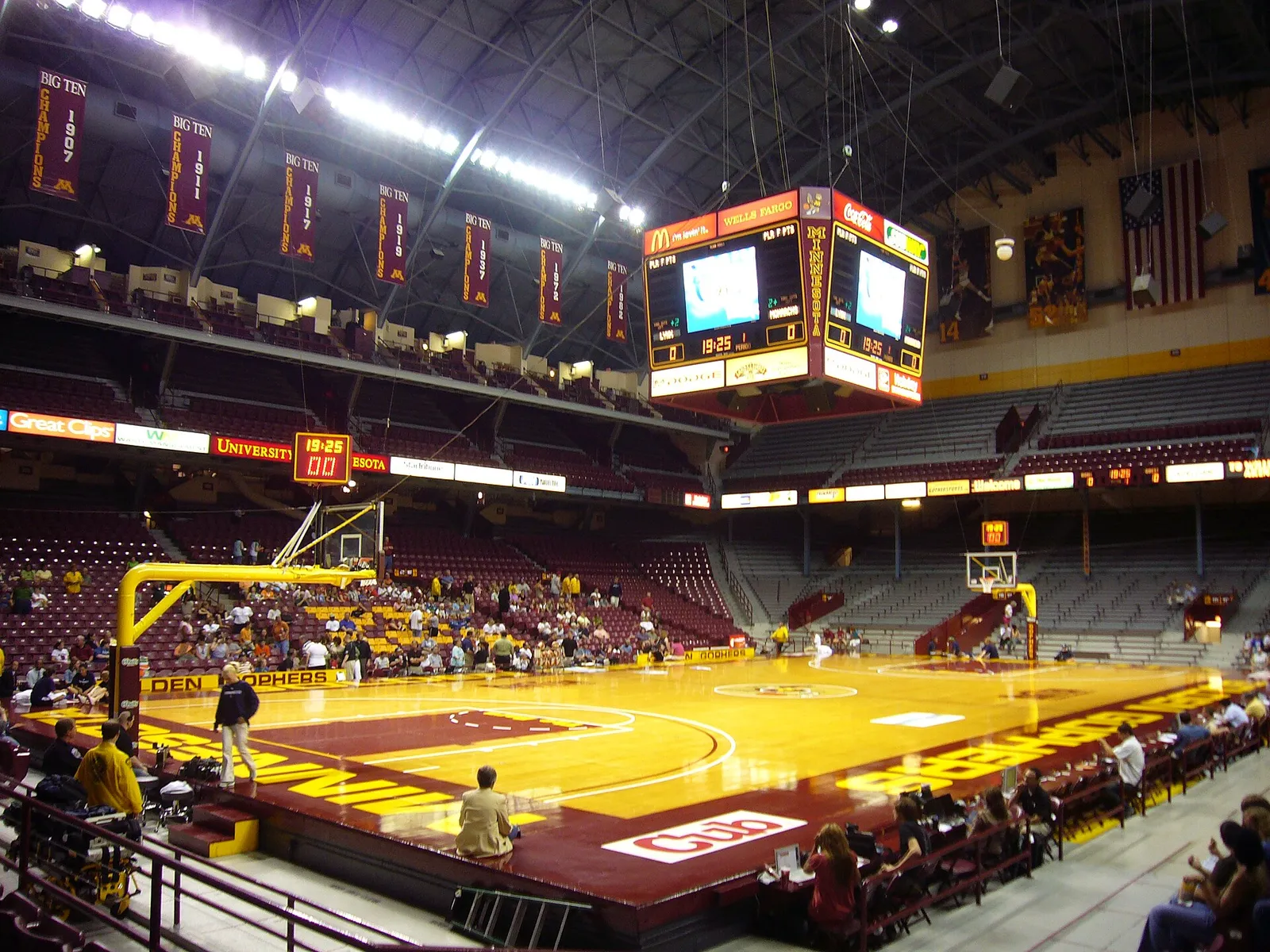A college basketball arena and court