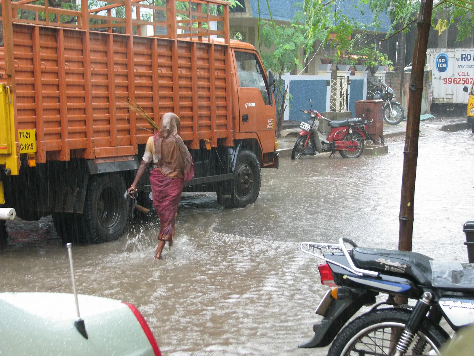 Monsoon rain on a street in Chennai, India