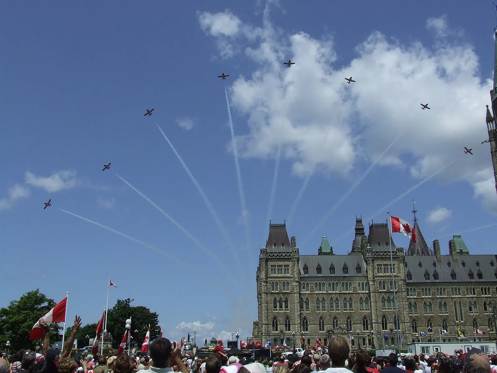 Canadian Forces Snowbirds fly over Parliament Hill during Canada Day celebrations in Ottawa (file photograph)
