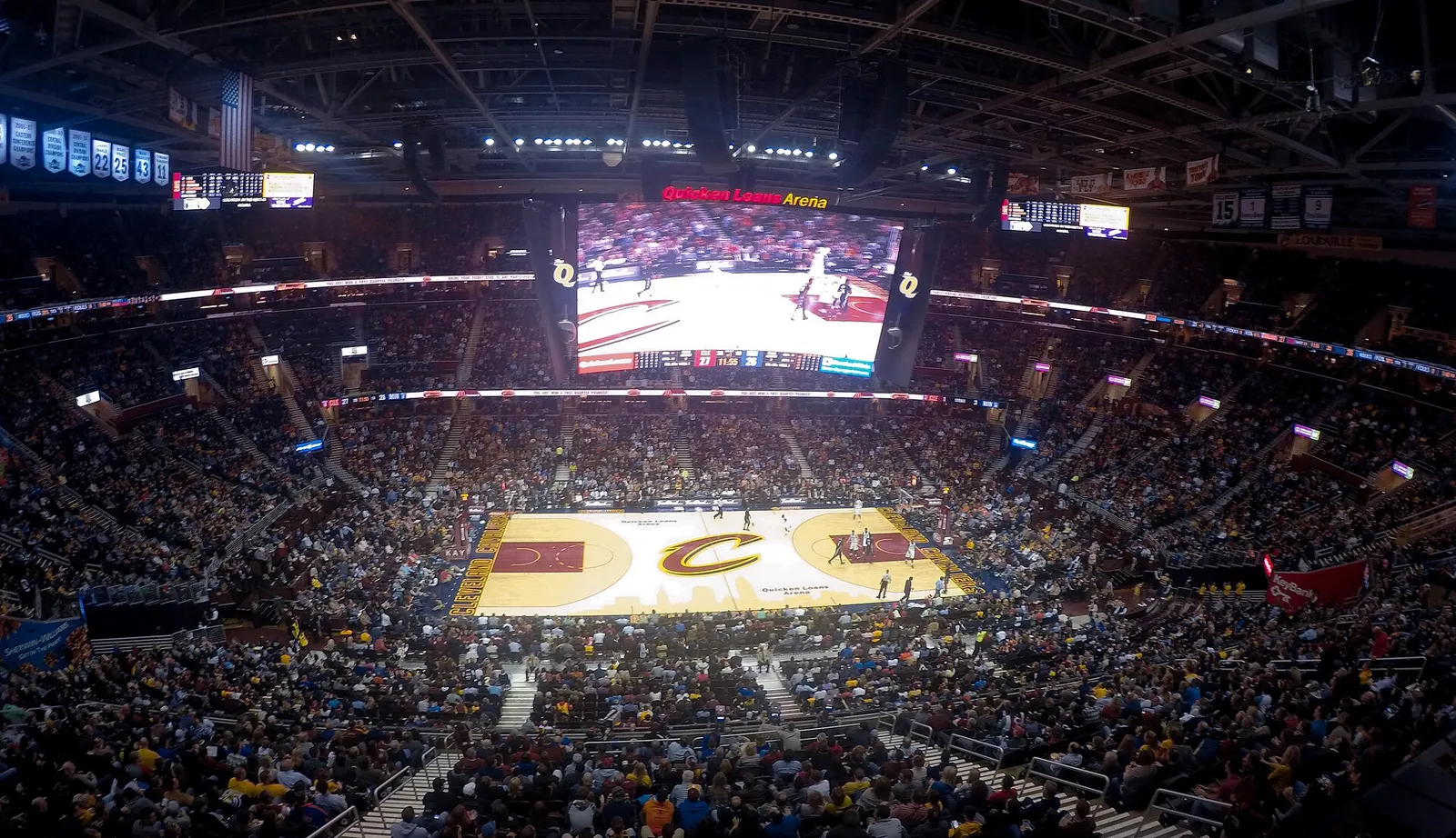 A packed house watches the Cleveland Cavaliers at their home arena