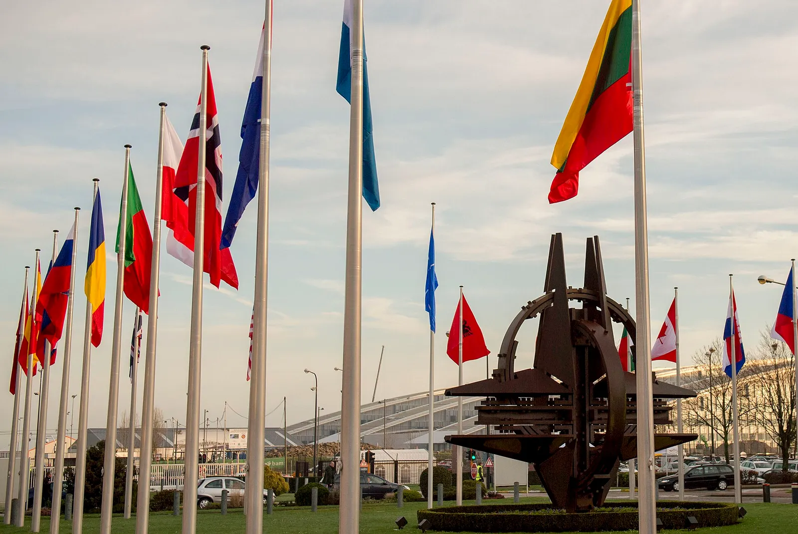 Member-country flags at the entrance of NATO headquarters in Brussels