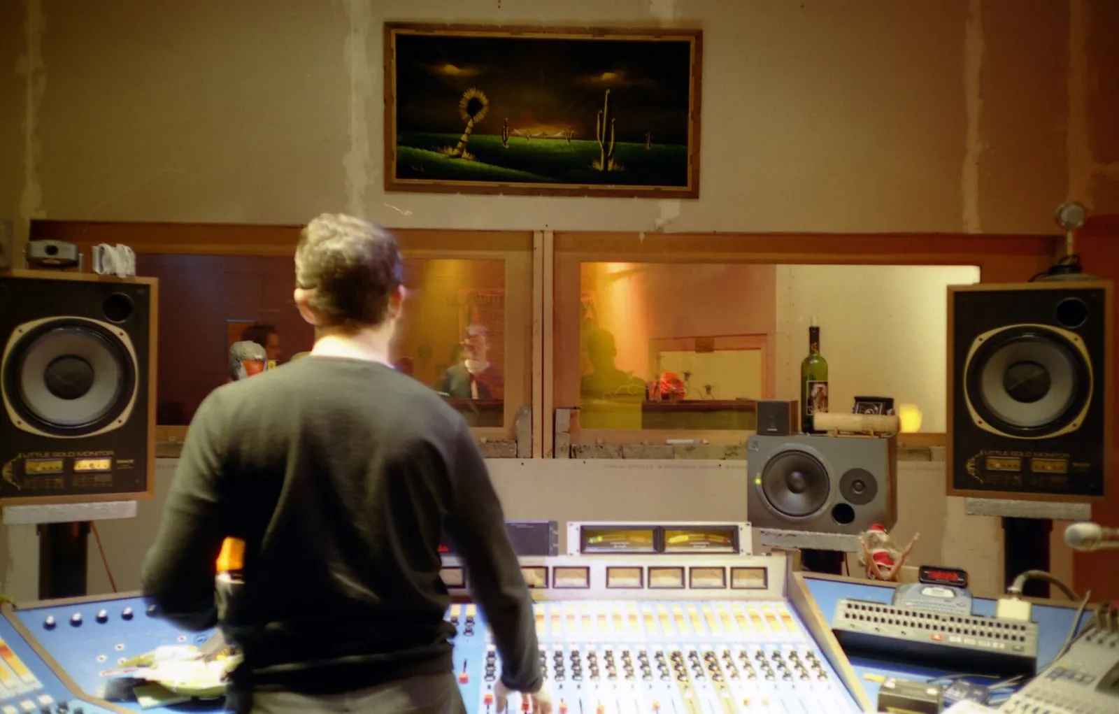 A recording studio mixing desk