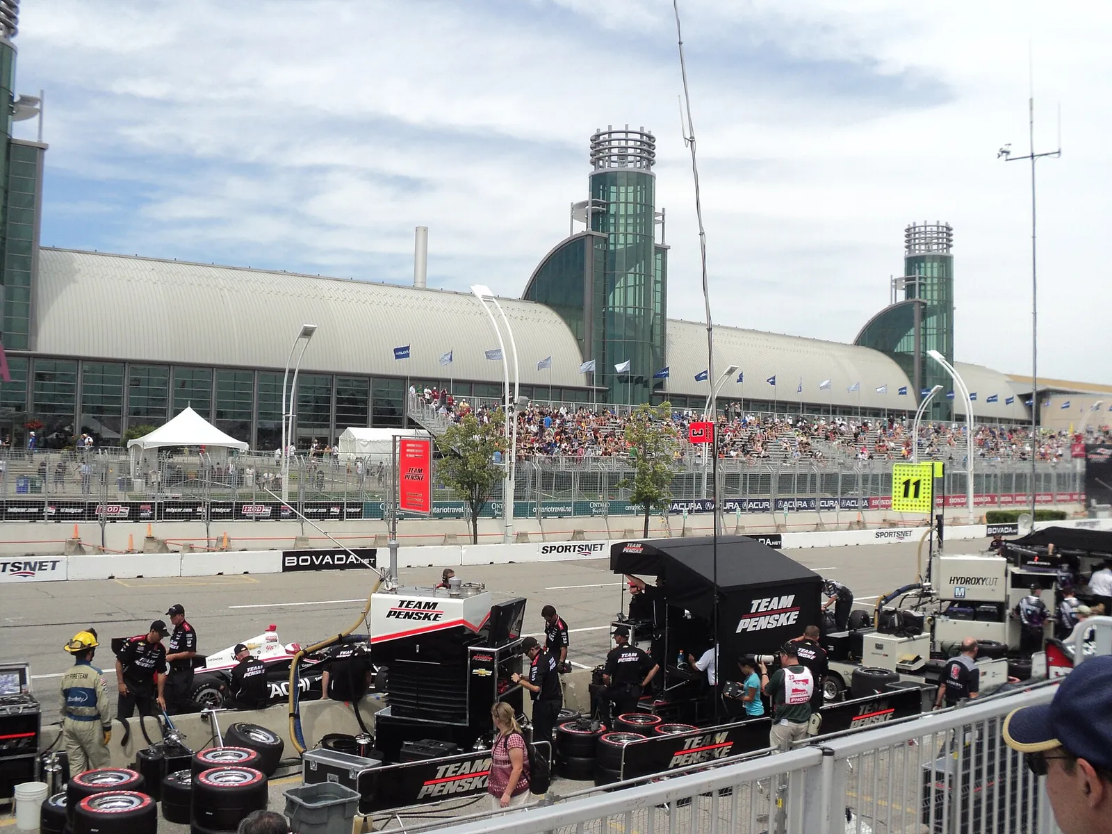 The pit lane at an IndyCar street race in Toronto