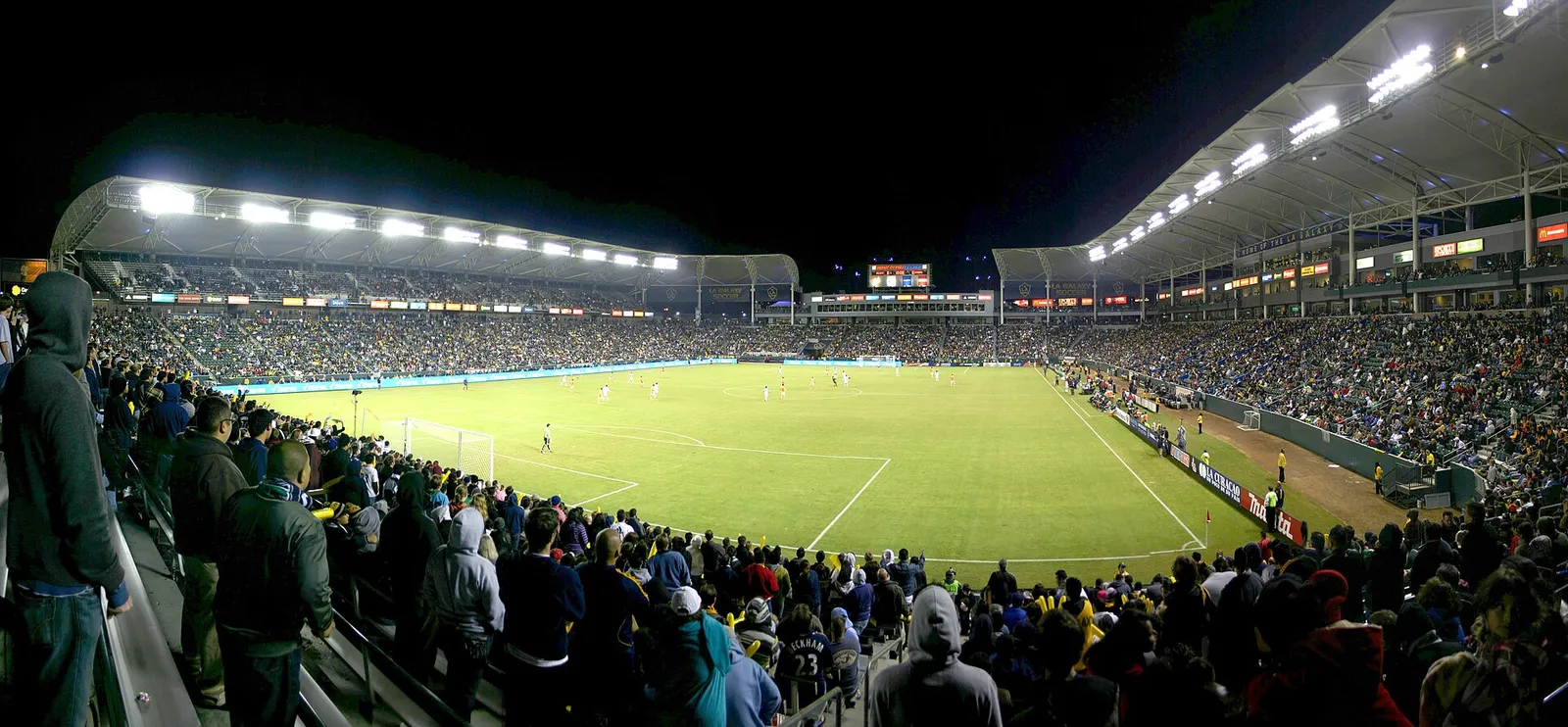 A packed soccer stadium during a match