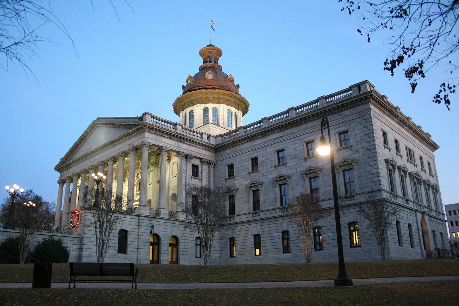The South Carolina State House in Columbia, photographed in the evening
