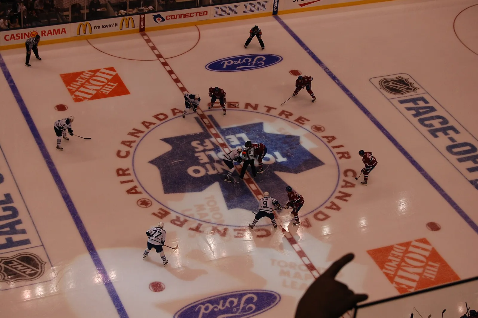An NHL faceoff during a game